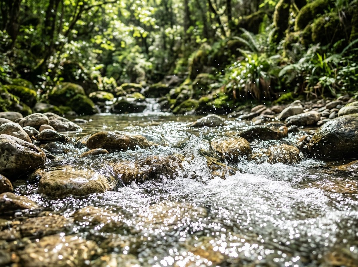 Pristine natural mineral water flowing over clean river rocks